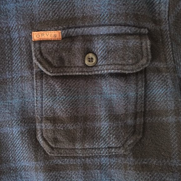 ORVIS Shacket Men's L Blue Flannel Plaid Button Flap Side Pockets Logo Workwear - Picture 5 of 12